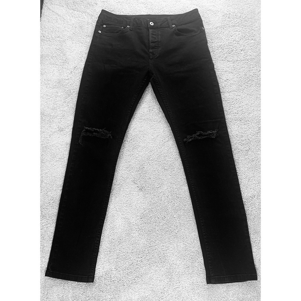 Topman Jeans Men's 34x32 Black Stretch Distressed‎ Ripped Button Fly Denim